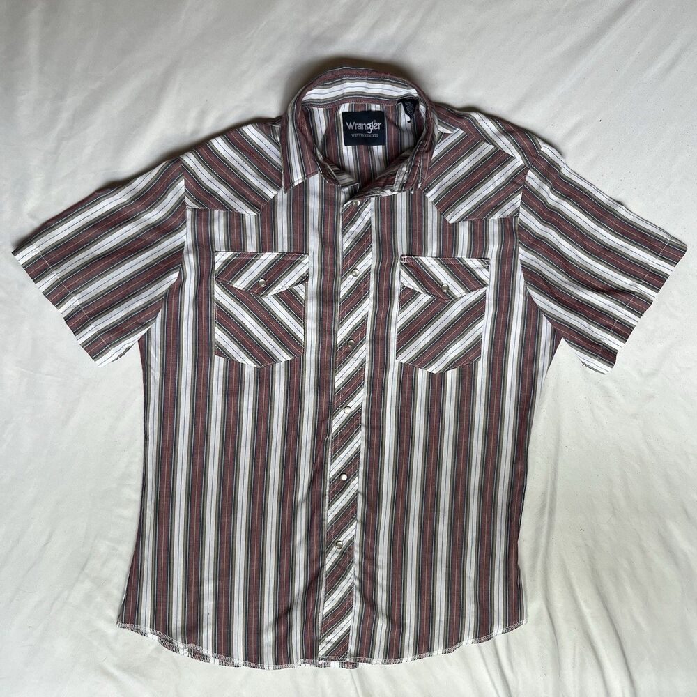 Wrangler Western Shirts Mens M Short Sleeve Pearl Snap Striped Cowboy Shirt